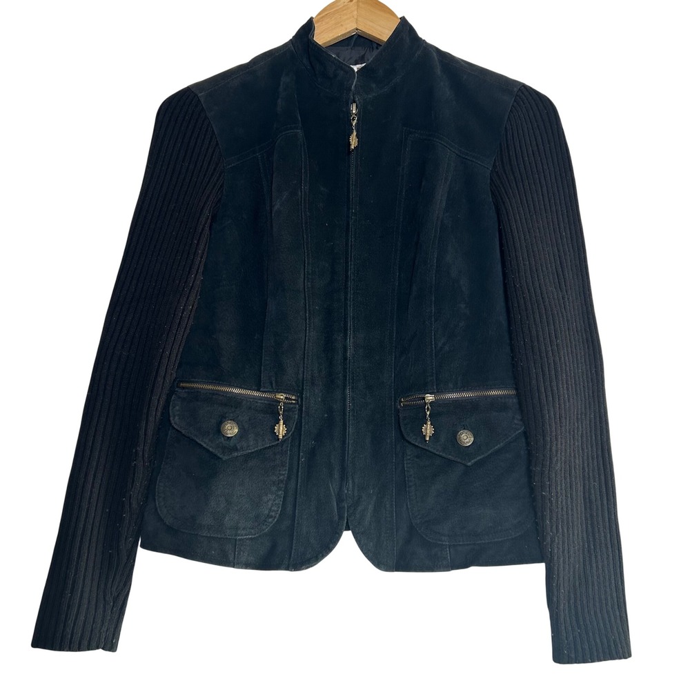 90s A.M.I. Suede Leather Knit Sleeve Jacket Womens Black Full Zip Mock Neck S